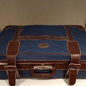 Blue and Brown Leather Trim Suitcase